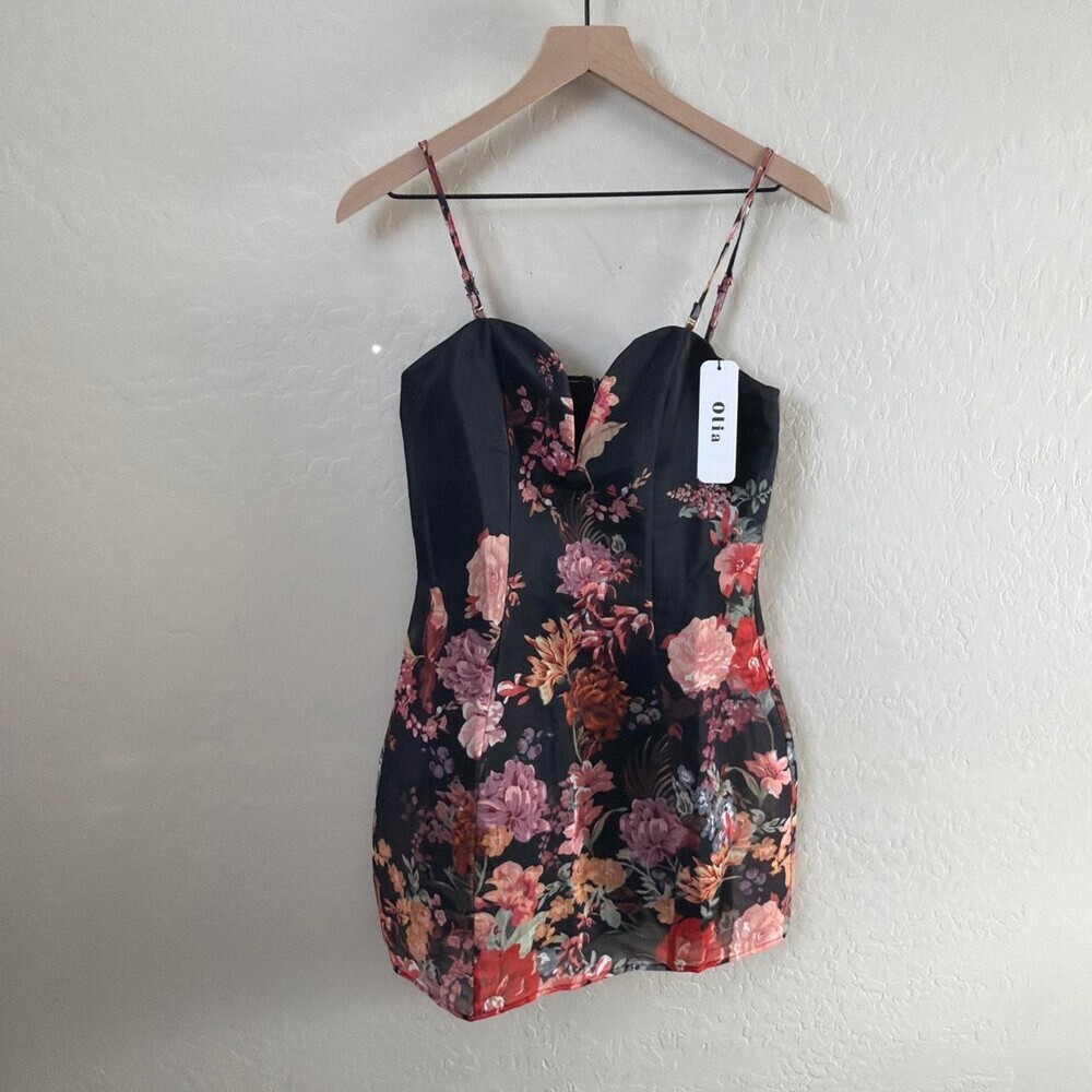 NWT Olia Black floral mini dress XS